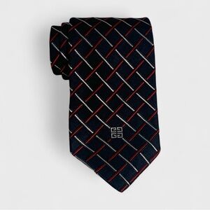 Vintage 70’s Givenchy Windowpane Check Silk Tie in Navy / Red / White